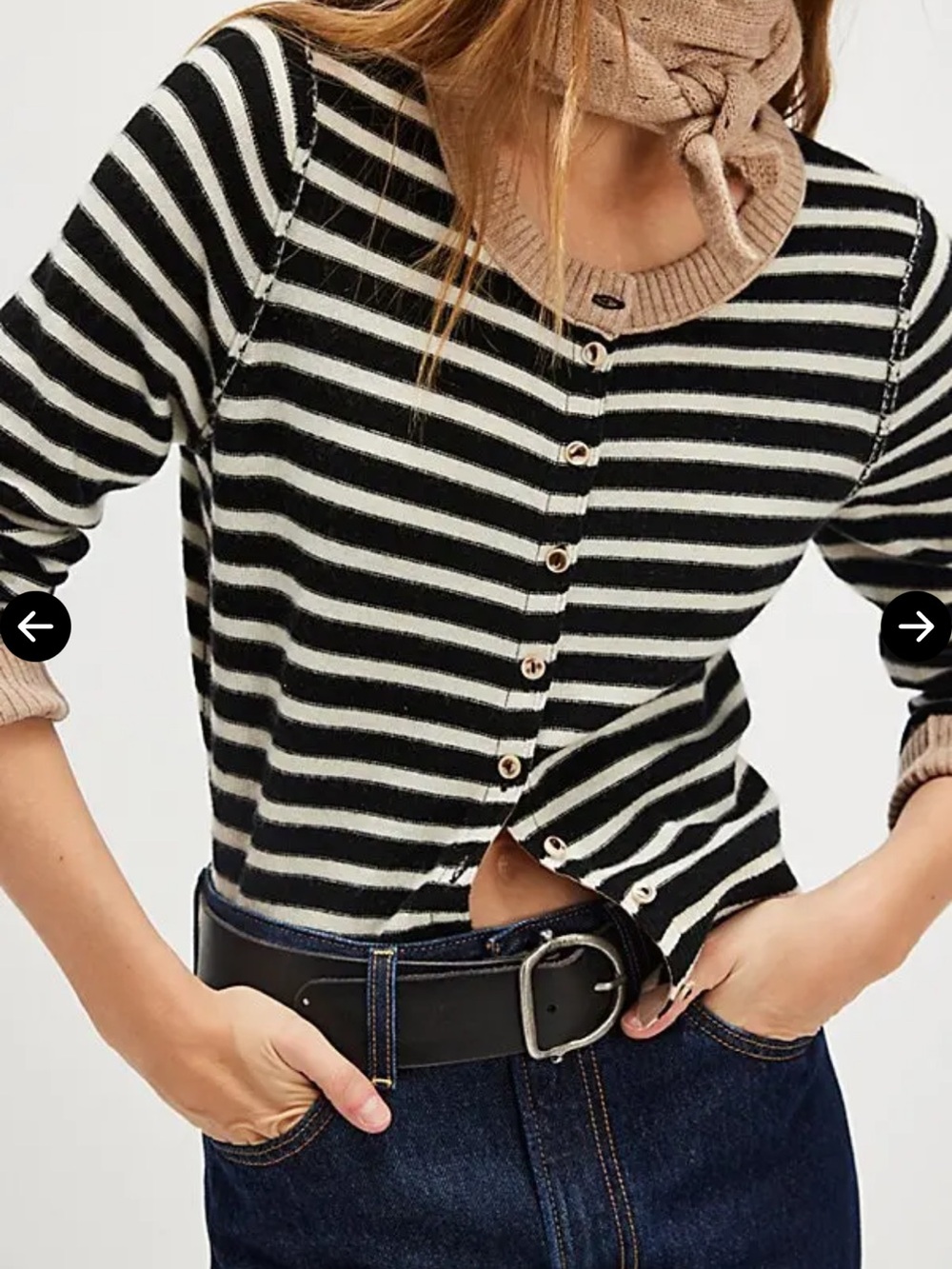 Striped Black and Cream Button-Front Women's Sweater - Cashmere blend